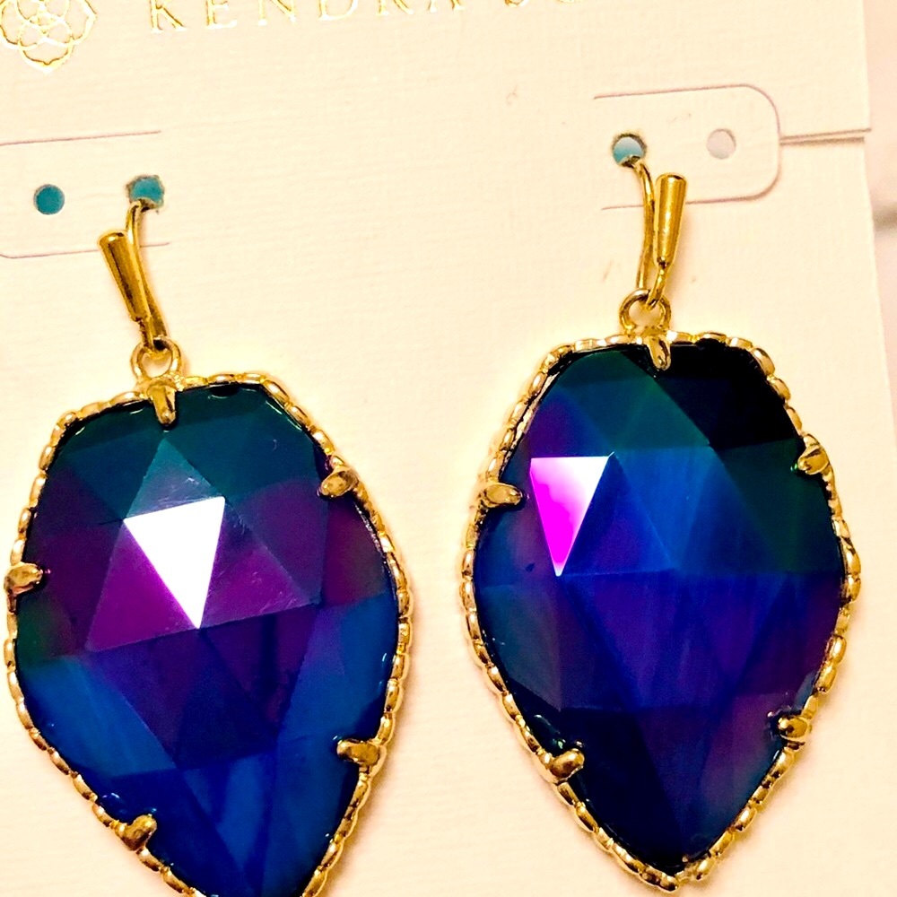 RARE & RETIRED Kendra Scott Corley Earrings Cobalt Iridescent Yellow Gold GORG! - Picture 8 of 13